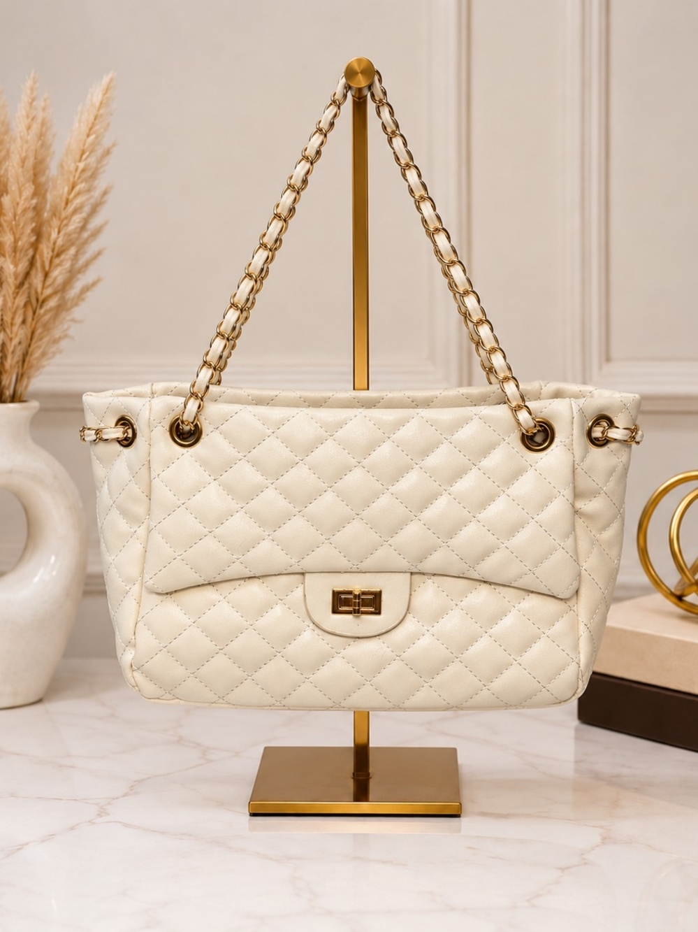 Brand New - Cream Colored Classic Quilted Chain-Strap Shoulder Bag